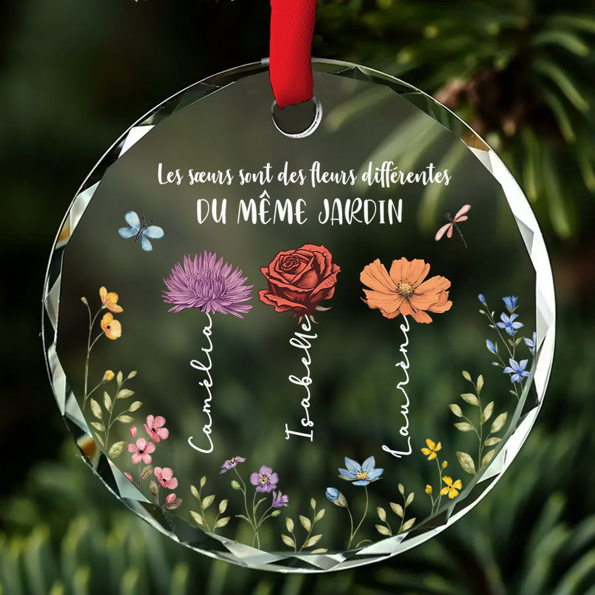 Ornement En Verre Personnalisé Sur Mesure - Sœurs Comme Des Fleurs Différentes Du Même Jardin