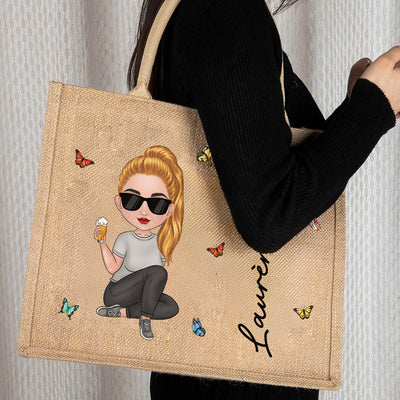 Sac En Jute Personnalisé  - Charme De Fille Fleurie En Dessin Animé