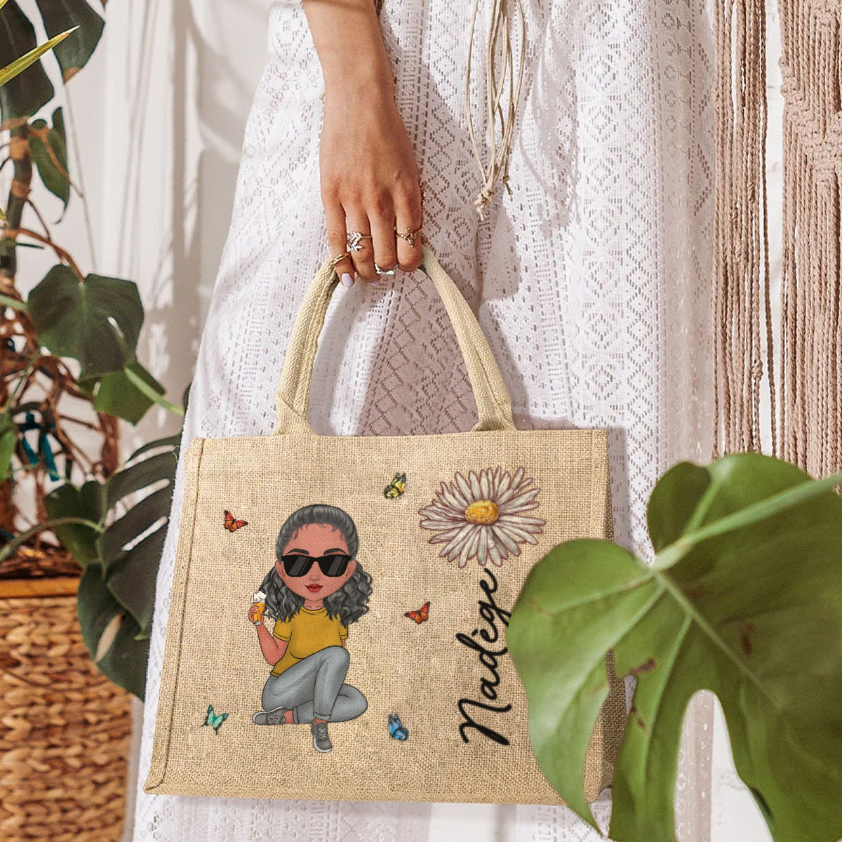 Sac En Jute Personnalisé  - Charme De Fille Fleurie En Dessin Animé