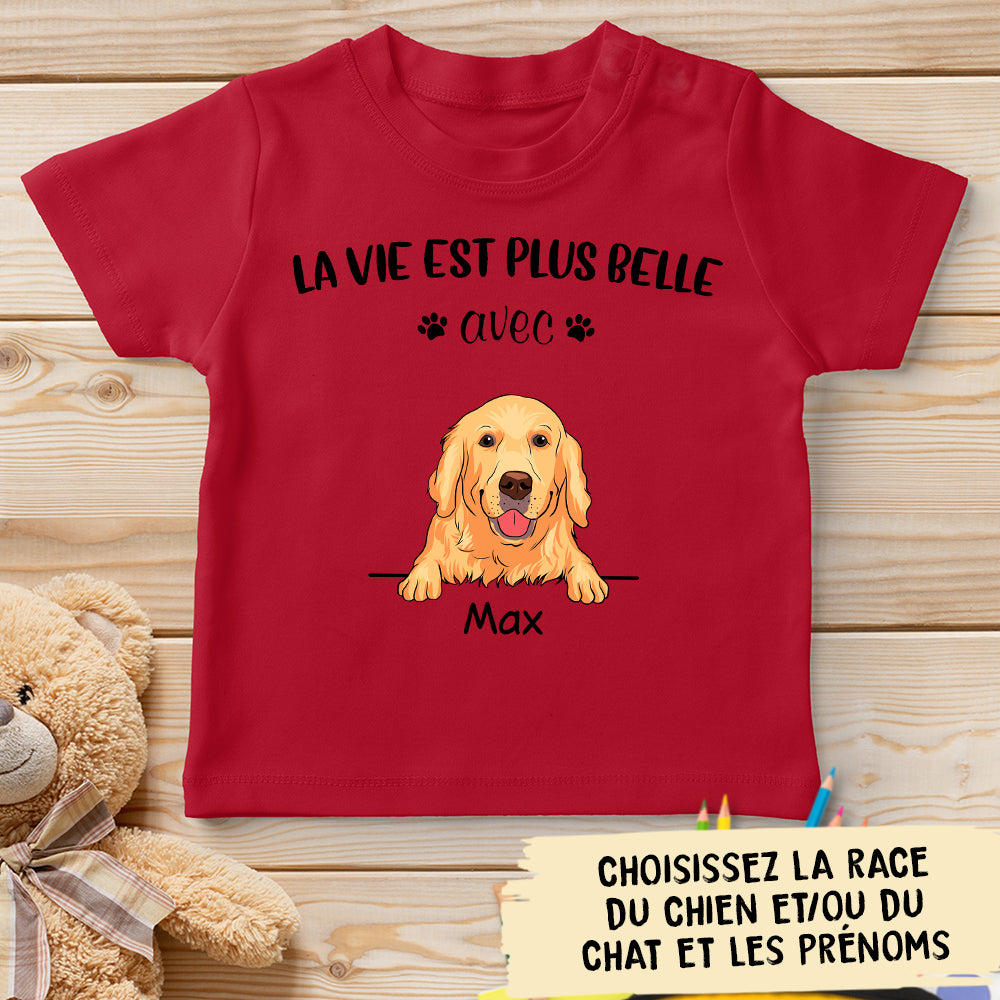 T-shirt Enfant Personnalisé - La Vie Est Plus Belle - Chien Et Chat