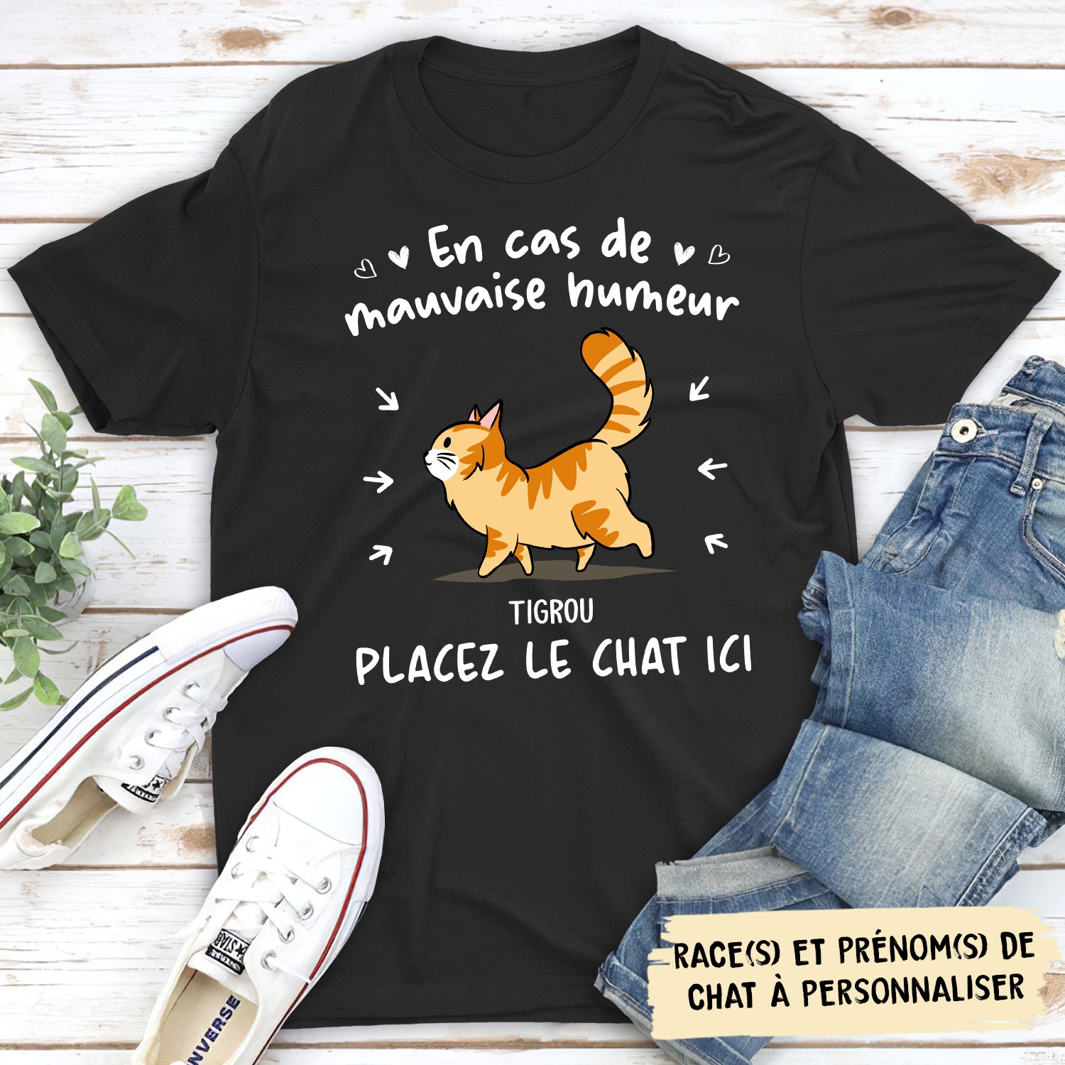 T-shirt Unisex Personnalisé - En Cas De Mauvaise Humeur, Placez Le Chat Ici