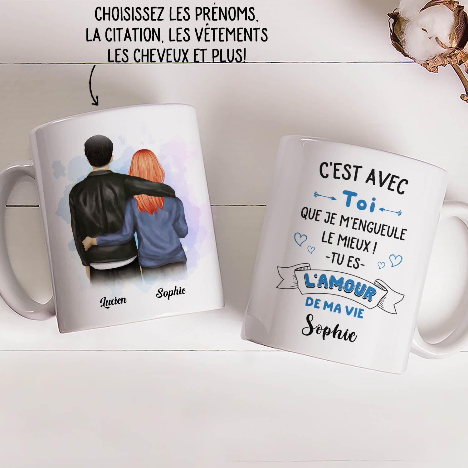 Cadeau Mug personnalisé pour Couples et Amoureux, Prénom, dessin, photo,  texte personnalisable 🤍 Made in France