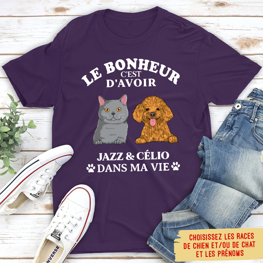 T-shirt Unisex Personnalisé - Le Bonheur C‘Est D’avoir - Version Chat Et Chien