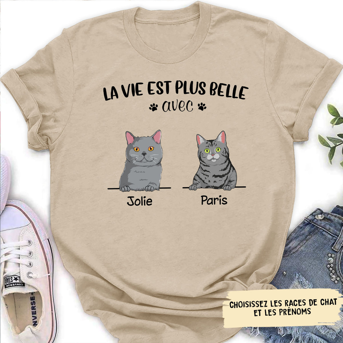 T-shirt Femme Personnalisé - Chat - La Vie Est Plus Belle