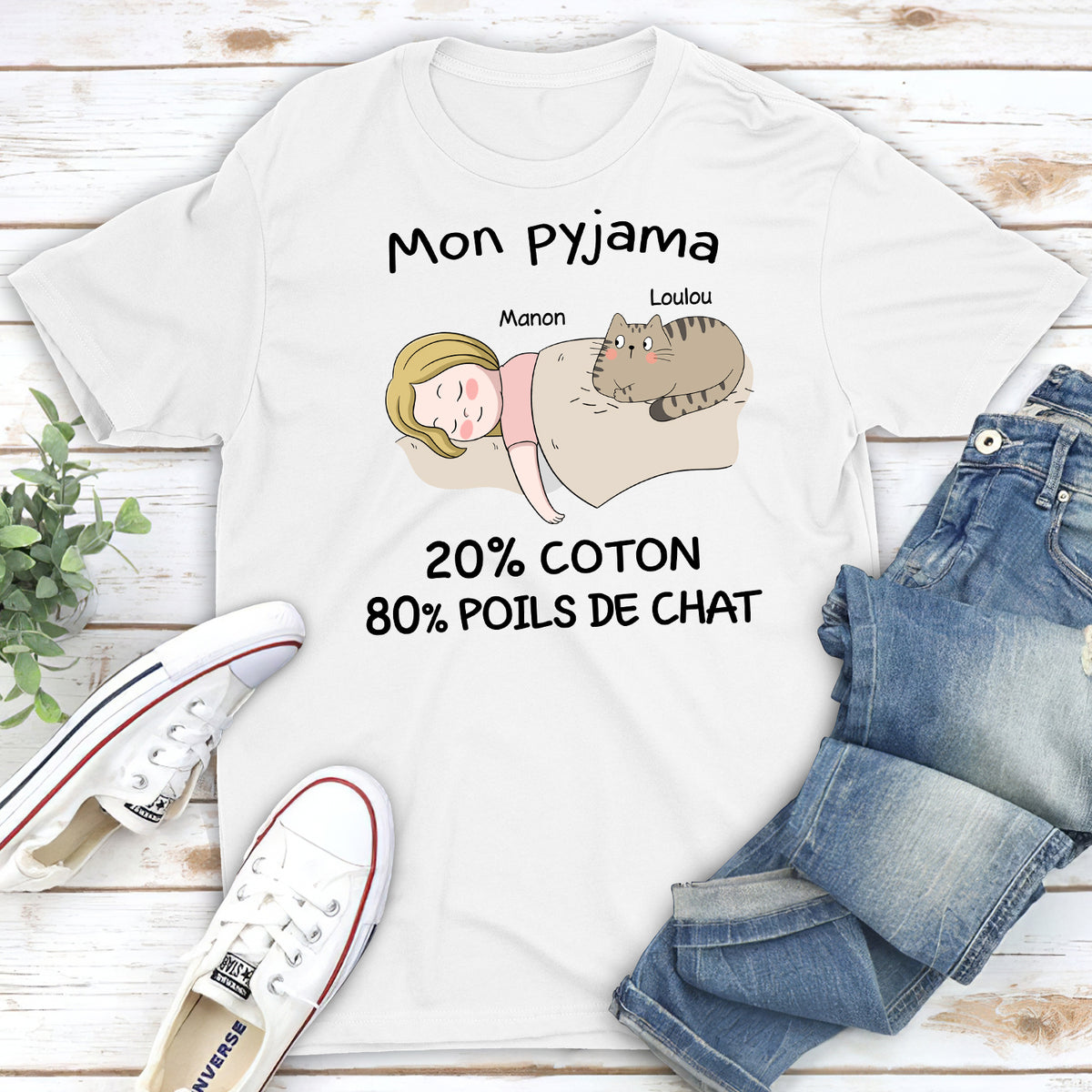 T-shirt Unisex Personnalisé - Mon Pyjama: 80% De Poils De Chat 2