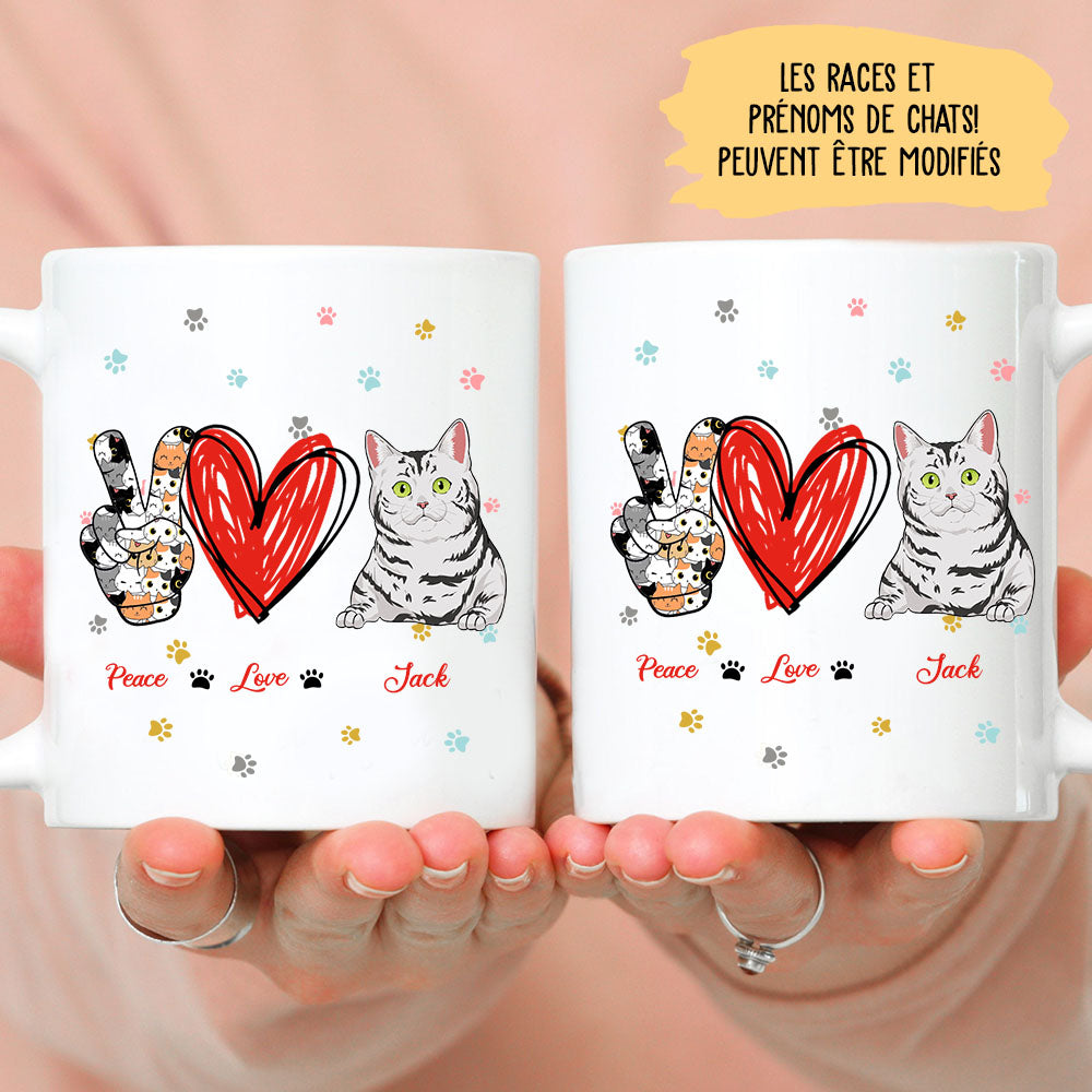 Mug Personnalisé - Peace Love Cat, Mug chat, Mug Chat Personnalisé